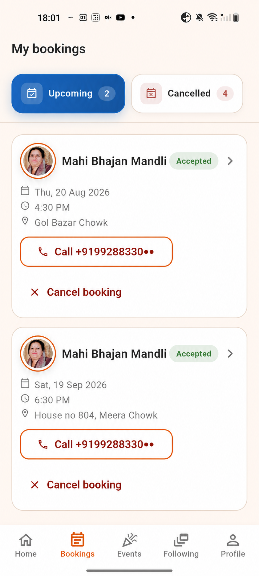 Customer upcoming bookings screen with contact number partially masked