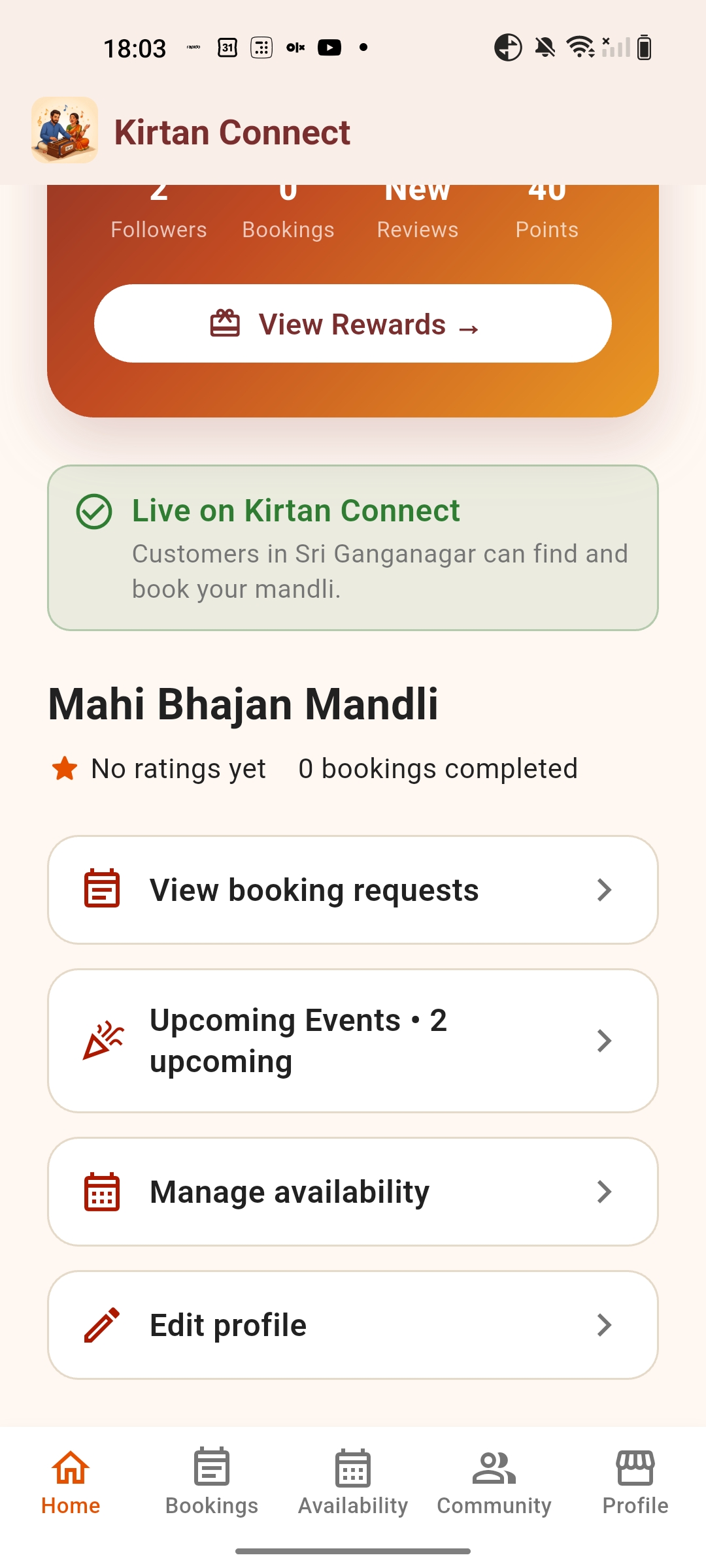 Kirtan Connect Mandli dashboard