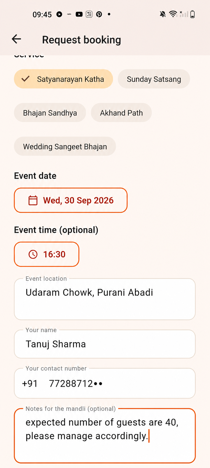 Request a Mandli booking with contact number partially masked